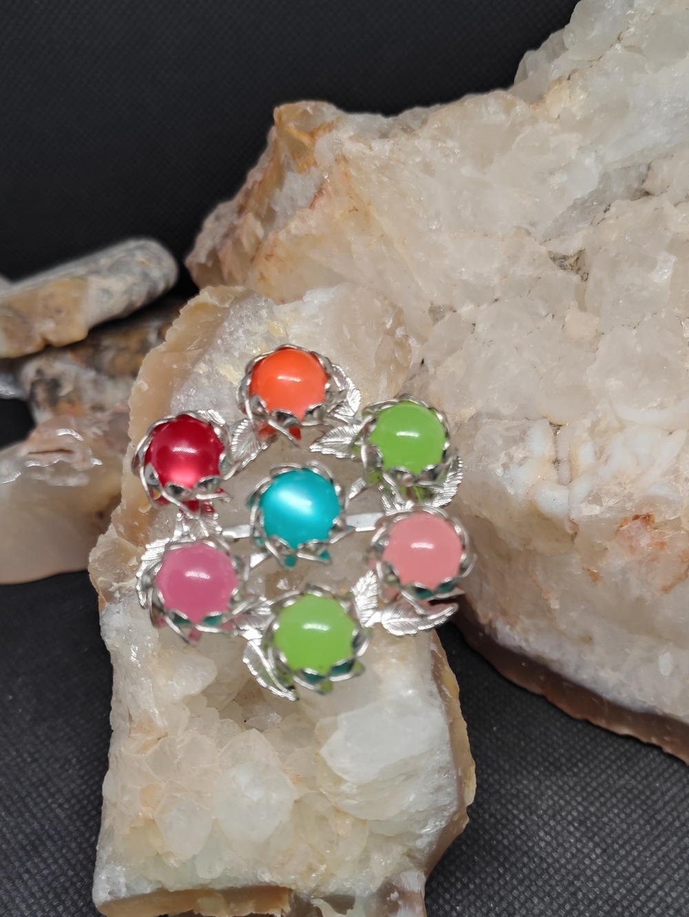 Vintage 1960s  Silver-Tone Brooch with Moonglow And Pastel  Cabochons